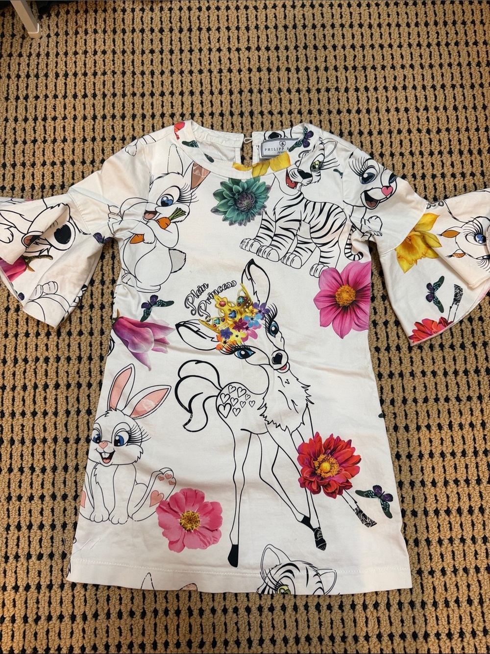 Philipp Plein 6 White Girls Dress with Colorful Floral & Animal Print